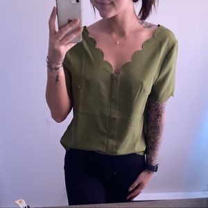 Scalloped edge olive green Top